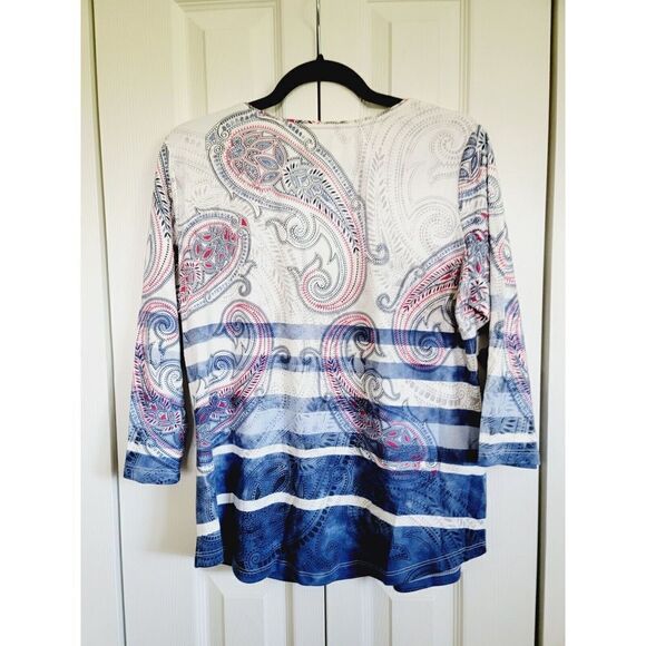 Allison Daley PM Paisley Top Red/Wh/Blue Beaded Paisley 3 4 Sleeve - Picture 2 of 5